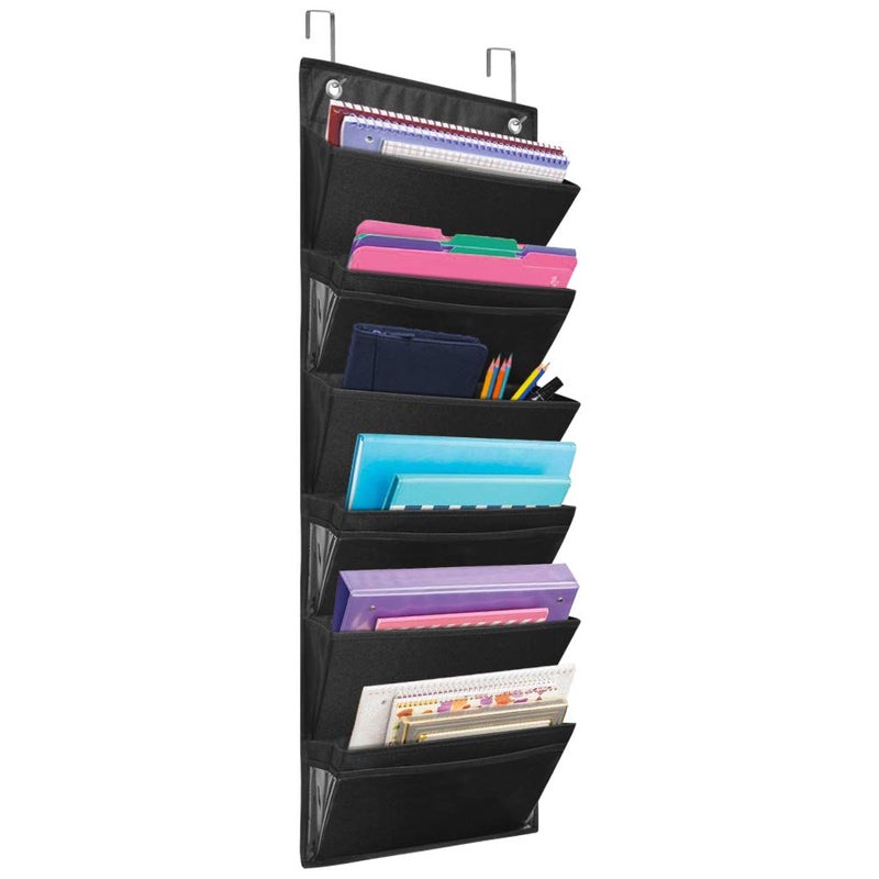 Eamay Hanging File Organizer Wall Mount Storage Pocket Chart, Over The Door Office Supplies Pocket Chart for Classroom, School, Home Use - 2 Over Door Hanger Included (Black) - Image 1